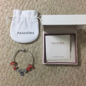 Pandora Bracelet w/ 7 Flower, Heart, Star Charms